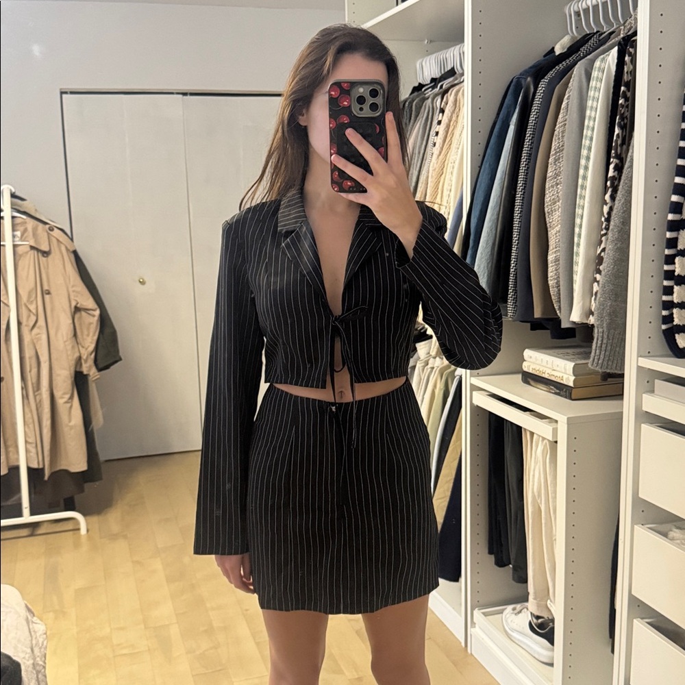 Black Pinstripe Cropped Blazer and Skirt Set